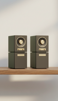 Wireless bookshelf speakers with gold accents