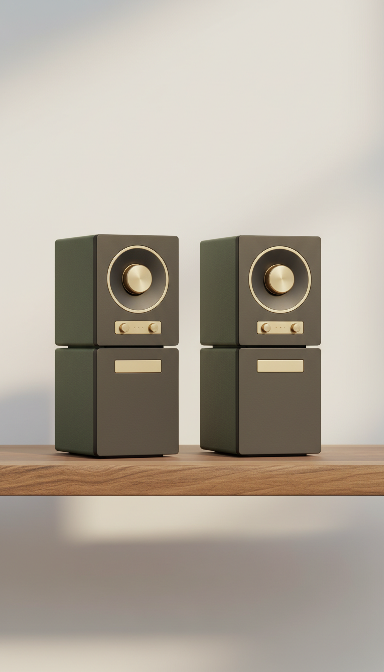 Wireless bookshelf speakers with gold accents